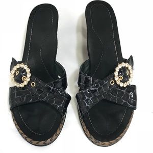 Black Embossed Leather Wedge Mule with rhinestone buckle